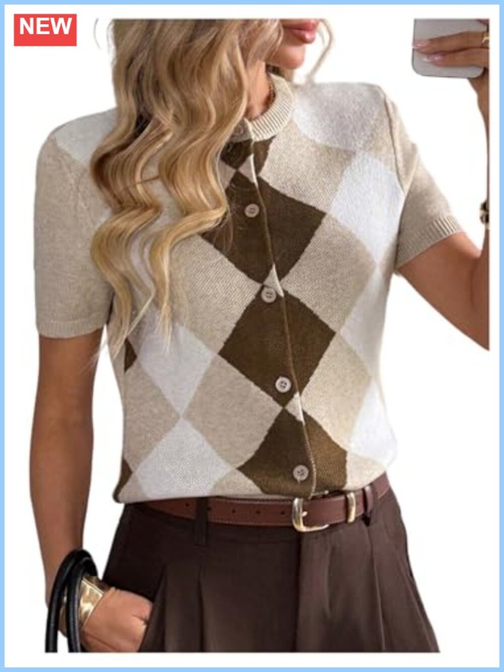 WDIRARA Women's Short Sleeve Argyle Button Up Cardigan Knit Top
